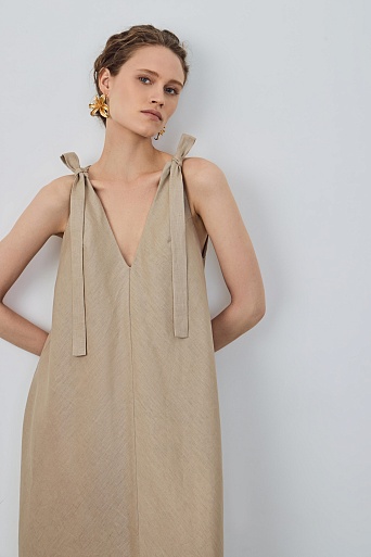 Свободное макси-платье с завязками, бежевое