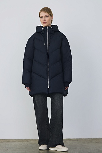 Удлиненный пуховик с капюшоном, темно-синий