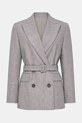 Двубортный жакет на поясе, серо-бежевый меланж