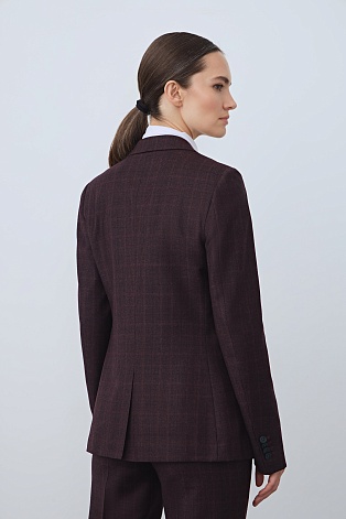 Приталенный жакет на одной пуговице, баклажановый в клетку K