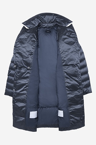 Пуховое пальто-кокон, серо-синее