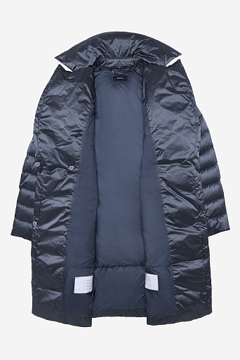 Пуховое пальто-кокон, серо-синее
