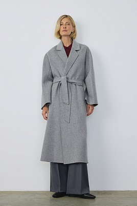 Пальто на поясе, серый меланж