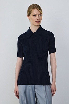 Поло из мериноса в рубчик, темно-синее