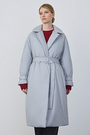 Пальто на поясе, серо-голубое