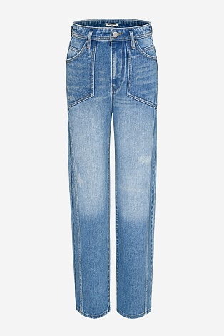 Прямые джинсы, голубые с потертостями