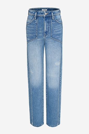 Прямые джинсы, голубые с потертостями