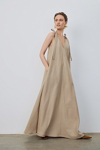 Свободное макси-платье с завязками, бежевое