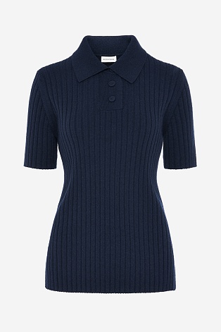Поло из мериноса в рубчик, темно-синее