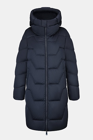 Темно-синее пуховое пальто с фигурной стежкой