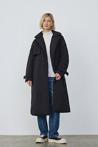 Пуховое пальто с поясом, цвет черный