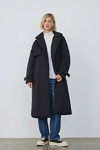 Пуховое пальто с поясом, цвет черный