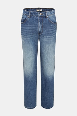 Прямые джинсы с потертостями, голубые