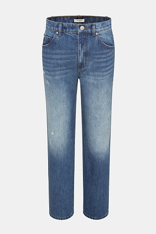 Прямые джинсы с потертостями, голубые