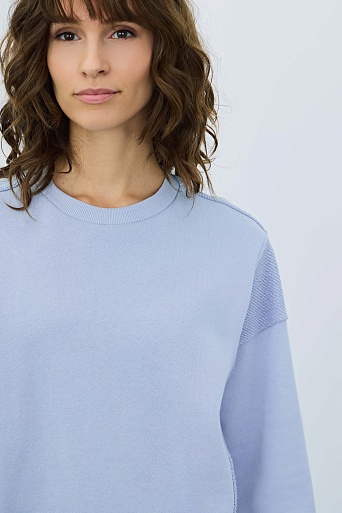 Свитшот из хлопка с текстурными вставками, нежно-голубая
