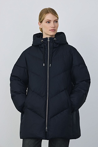 Удлиненный пуховик с капюшоном, темно-синий