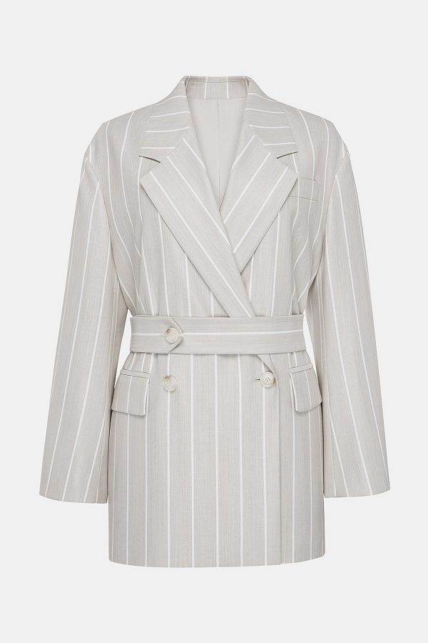 Двубортный пиджак в полоску, бежевый