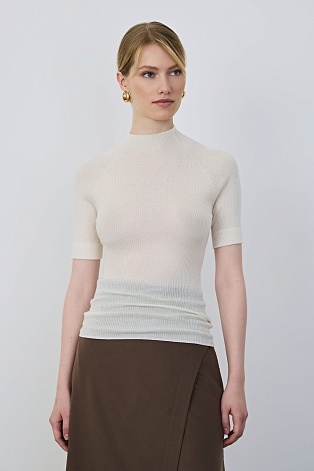 Водолазка в рубчик с коротким рукавом, белая