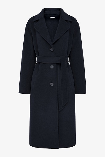 Пальто на пуговицах с поясом, темно-синее