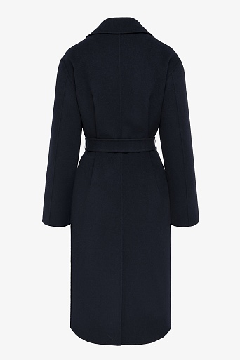 Пальто на пуговицах с поясом, темно-синее