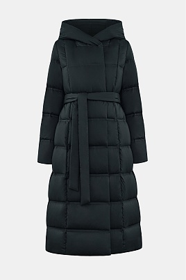 Пуховое пальто с поясом, темно-синее