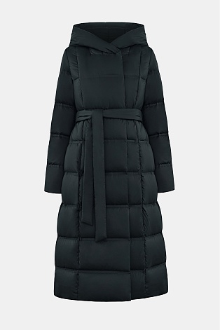 Пуховое пальто с поясом, темно-синее