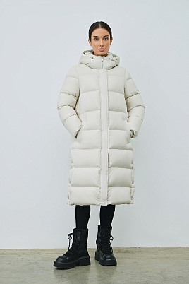 Длинный пуховик с капюшоном, молочный