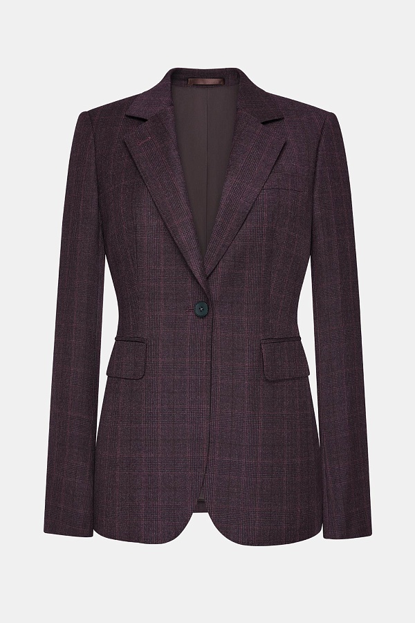 Приталенный жакет на одной пуговице, баклажановый в клетку