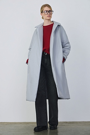 Пальто на поясе, серо-голубое