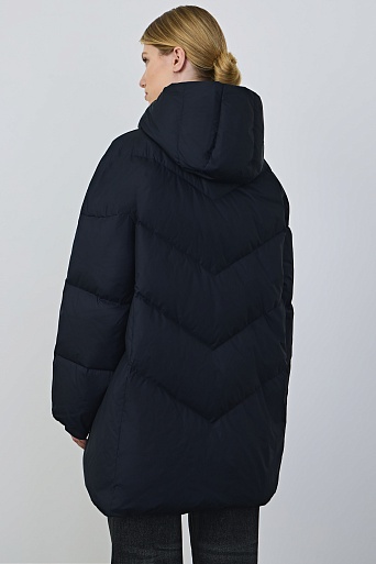 Удлиненный пуховик с капюшоном, темно-синий