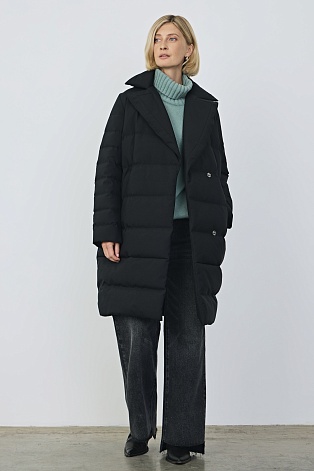 Пуховое пальто-кокон в рубчик, черное