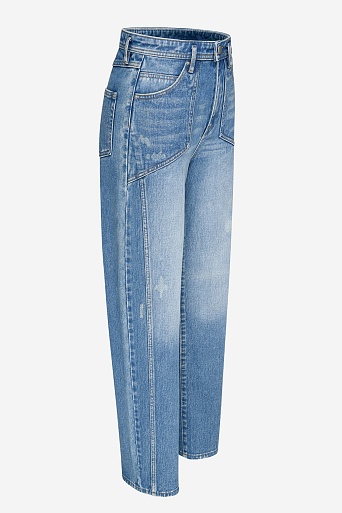 Прямые джинсы, голубые с потертостями