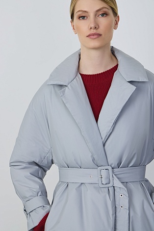 Пальто на поясе, серо-голубое