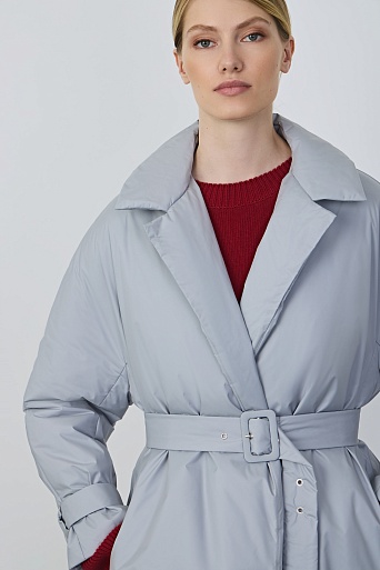 Пальто на поясе, серо-голубое