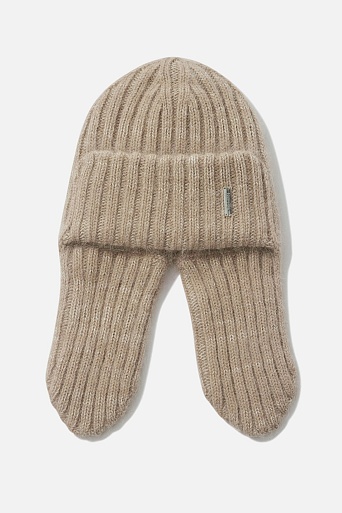 Шапка-ушанка в рубчик с ангорой, бежевая