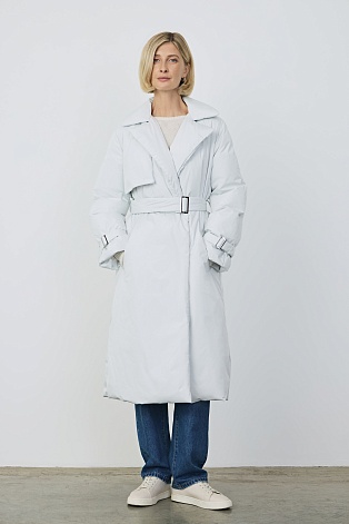 Пуховое пальто-тренч, светло-серое