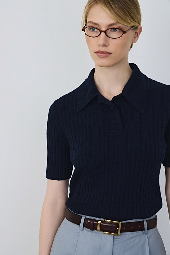 Поло из мериноса в рубчик, темно-синее