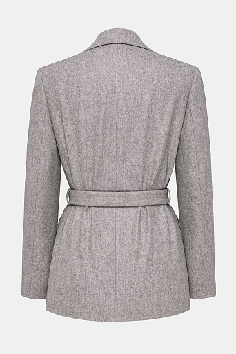 Двубортный жакет на поясе, серо-бежевый меланж