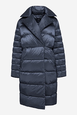 Пуховое пальто-кокон, серо-синее