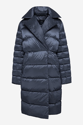 Пуховое пальто-кокон, серо-синее