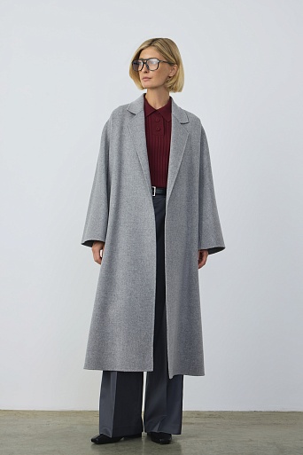 Пальто на поясе, серый меланж