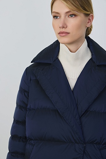 Пуховое пальто-кокон, темно-синее