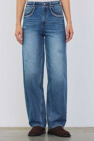 Джинсы barrel fit, синие с потертостями