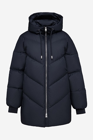 Удлиненный пуховик с капюшоном, темно-синий