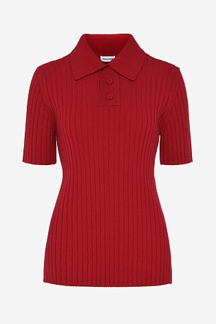 Поло из мериноса в рубчик, красное