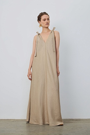 Свободное макси-платье с завязками, бежевое